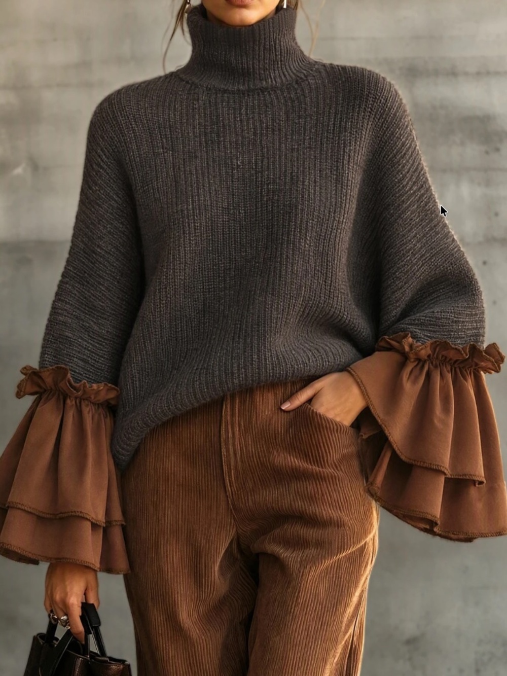Cozy Solid Turtleneck Ruffle Sleeve Knit Sweater Top